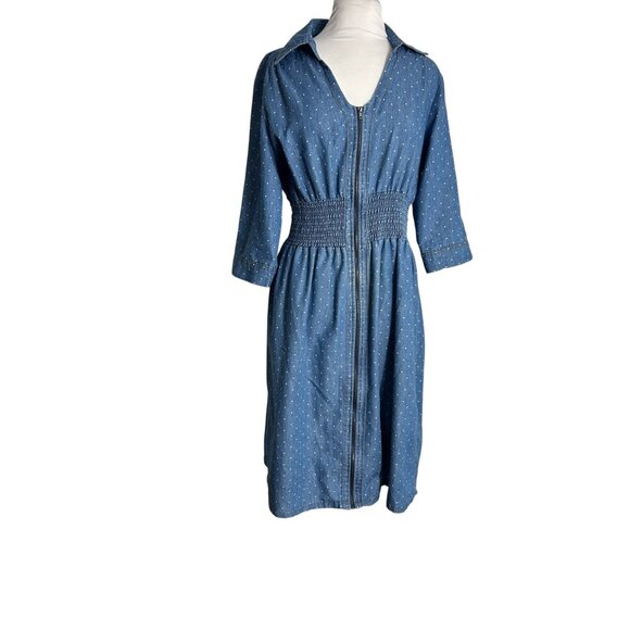 J Glee Blue Chambray Size XL Dress Polka Dot Zip Front Elastic Waist Tab Sleeves - Picture 1 of 12